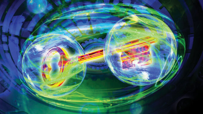 Illustration of a red and yellow key with bubbles around the handle and the bit. A greenish bubble also encircles the entire key and blue gear shapes appear in the background.